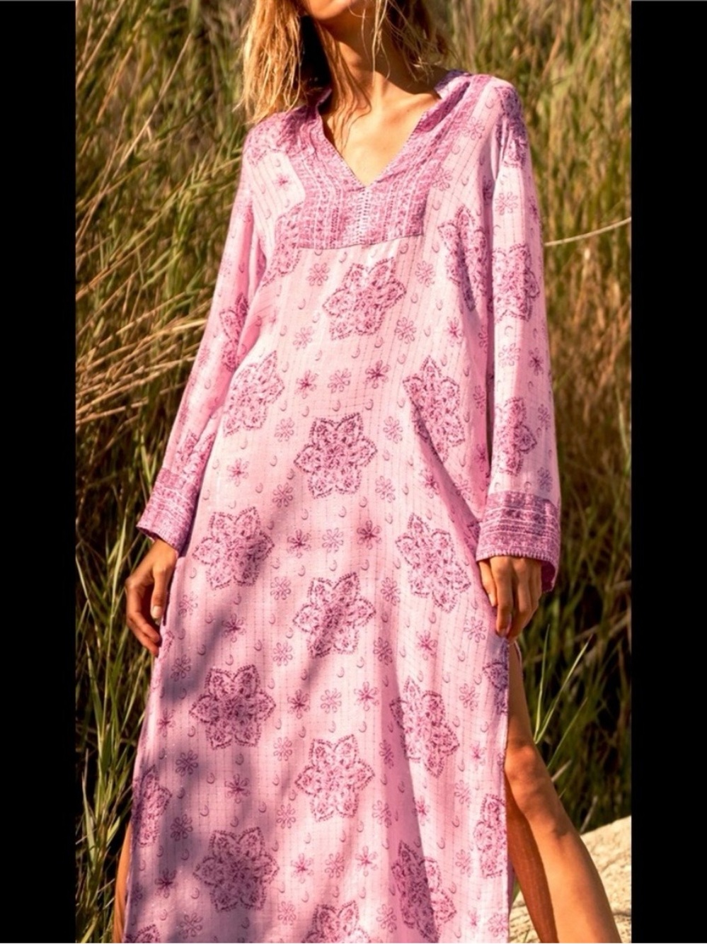 Zara Pink Semi Sheer Gauze Bohemian Caftan  L NWT Beach Hippie Silver Metallic